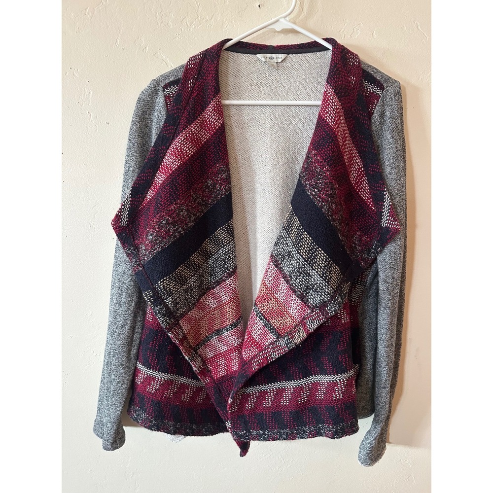Lucky Lotus Womens Open Front Draped Cardigan Red Navy Grey Geometric Pattern M